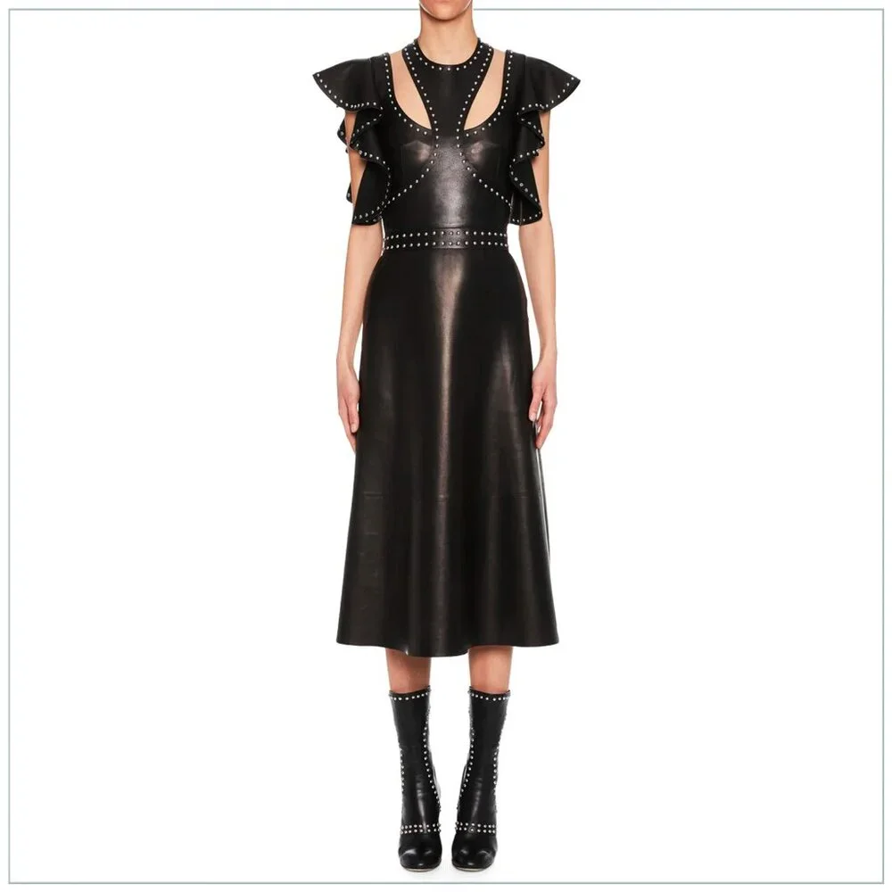 $8990 Alexander McQueen Studded Trim Lamb Leather Ruffle Runway Midi Dress - Picture 7 of 11